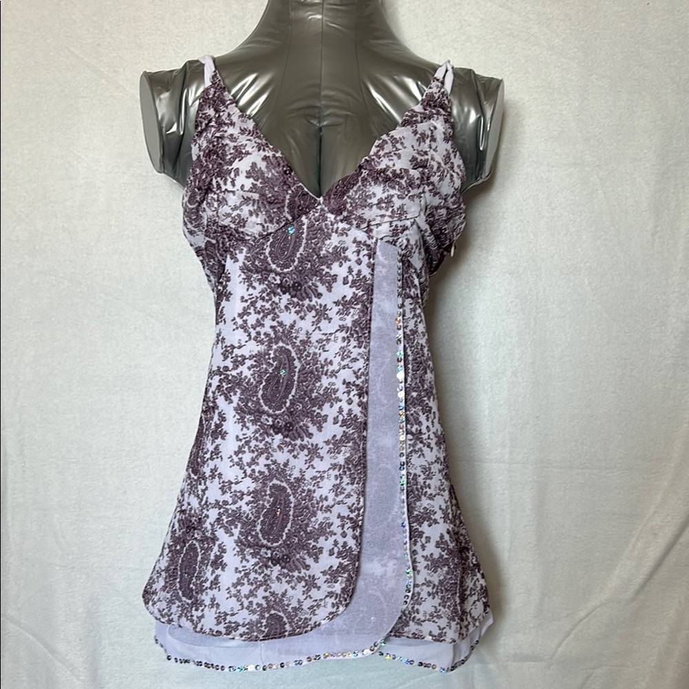 Vintage 90s Y2K Mandee Sequin Paisley Lavender & White Babydoll Cami Size S